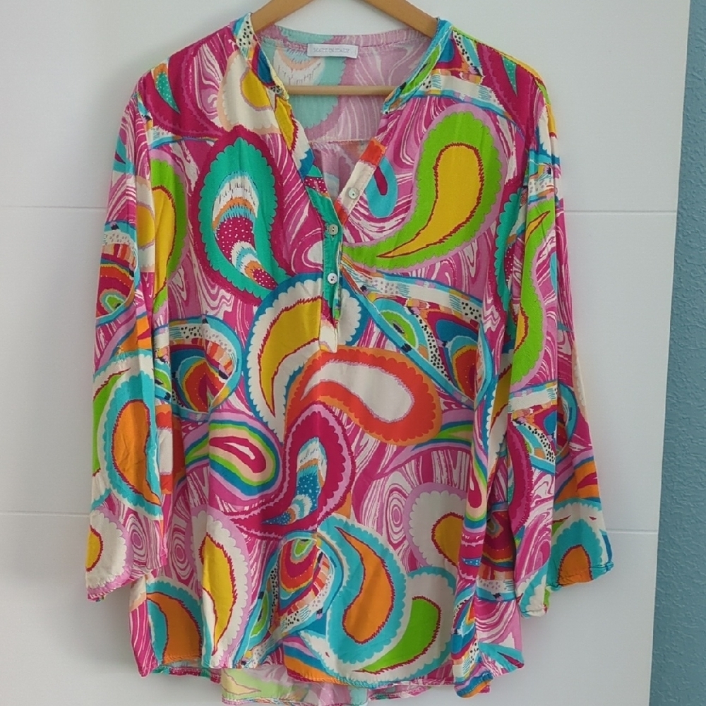 Made In Italy Art To Wear Colorful Boho Paisley Women's Blouse Sz L
